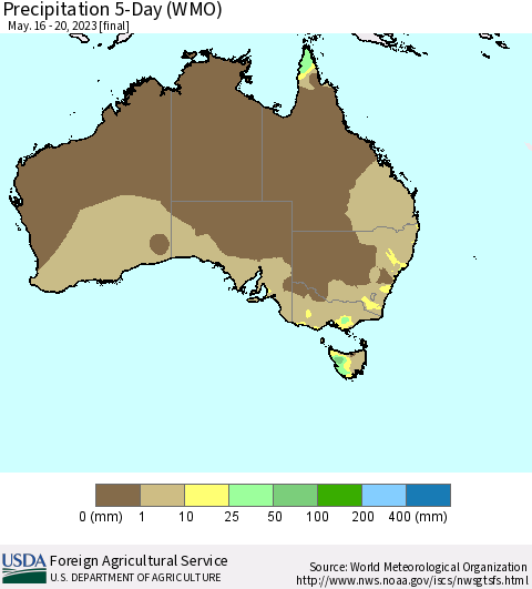 Australia Precipitation 5-Day (WMO) Thematic Map For 5/16/2023 - 5/20/2023