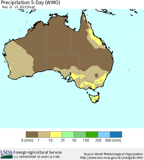 Australia Precipitation 5-Day (WMO) Thematic Map For 5/21/2023 - 5/25/2023