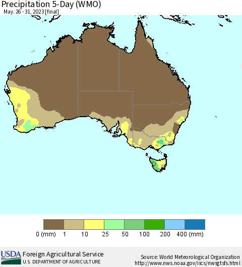 Australia Precipitation 5-Day (WMO) Thematic Map For 5/26/2023 - 5/31/2023