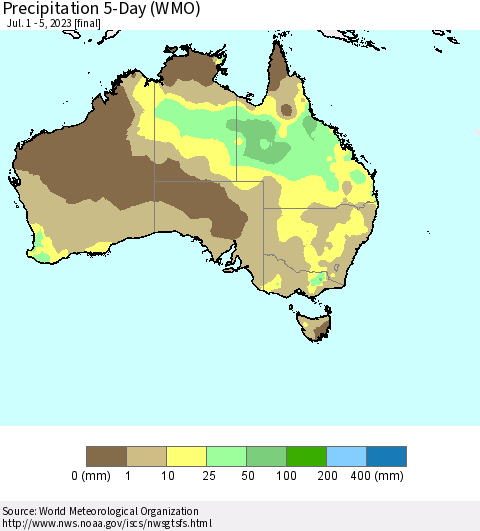 Australia Precipitation 5-Day (WMO) Thematic Map For 7/1/2023 - 7/5/2023
