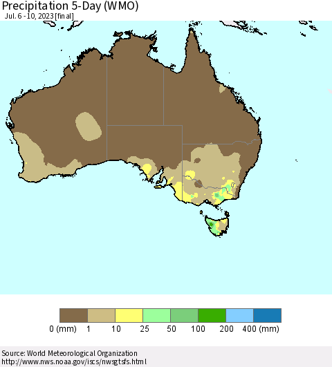 Australia Precipitation 5-Day (WMO) Thematic Map For 7/6/2023 - 7/10/2023