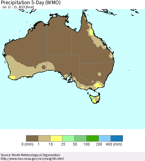 Australia Precipitation 5-Day (WMO) Thematic Map For 7/11/2023 - 7/15/2023