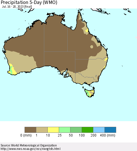 Australia Precipitation 5-Day (WMO) Thematic Map For 7/16/2023 - 7/20/2023