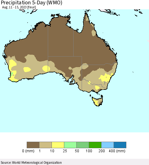Australia Precipitation 5-Day (WMO) Thematic Map For 8/11/2023 - 8/15/2023