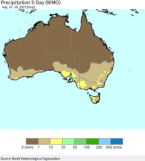 Australia Precipitation 5-Day (WMO) Thematic Map For 8/16/2023 - 8/20/2023