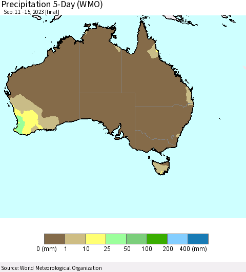 Australia Precipitation 5-Day (WMO) Thematic Map For 9/11/2023 - 9/15/2023