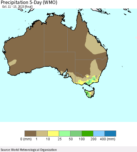Australia Precipitation 5-Day (WMO) Thematic Map For 10/11/2023 - 10/15/2023