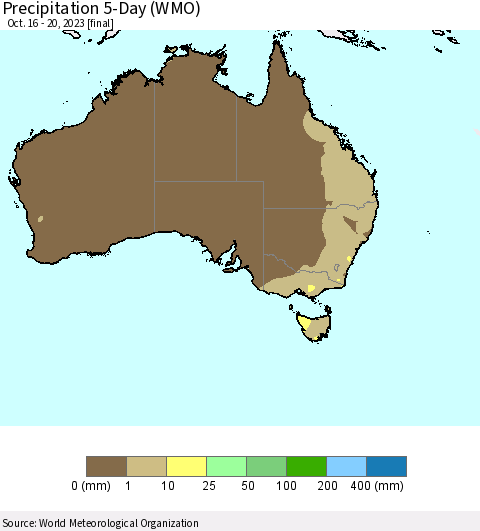 Australia Precipitation 5-Day (WMO) Thematic Map For 10/16/2023 - 10/20/2023