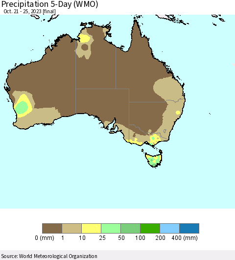 Australia Precipitation 5-Day (WMO) Thematic Map For 10/21/2023 - 10/25/2023