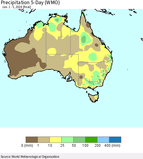 Australia Precipitation 5-Day (WMO) Thematic Map For 1/1/2024 - 1/5/2024