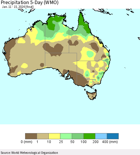 Australia Precipitation 5-Day (WMO) Thematic Map For 1/11/2024 - 1/15/2024