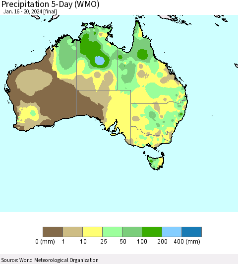Australia Precipitation 5-Day (WMO) Thematic Map For 1/16/2024 - 1/20/2024