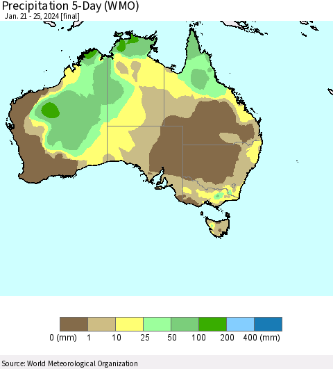 Australia Precipitation 5-Day (WMO) Thematic Map For 1/21/2024 - 1/25/2024