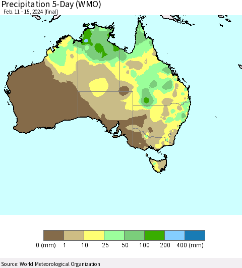 Australia Precipitation 5-Day (WMO) Thematic Map For 2/11/2024 - 2/15/2024