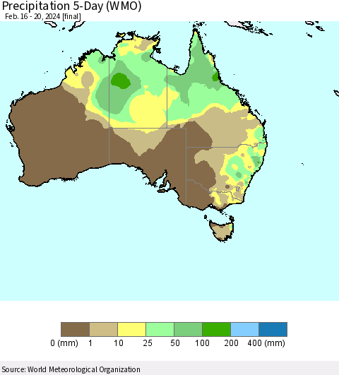 Australia Precipitation 5-Day (WMO) Thematic Map For 2/16/2024 - 2/20/2024