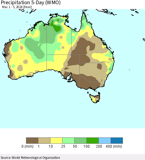 Australia Precipitation 5-Day (WMO) Thematic Map For 3/1/2024 - 3/5/2024