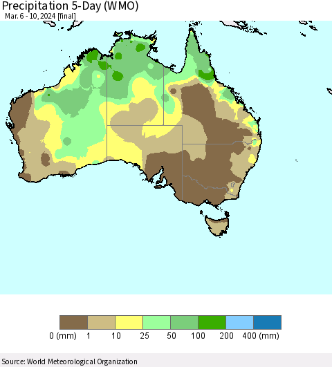 Australia Precipitation 5-Day (WMO) Thematic Map For 3/6/2024 - 3/10/2024