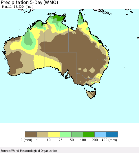 Australia Precipitation 5-Day (WMO) Thematic Map For 3/11/2024 - 3/15/2024