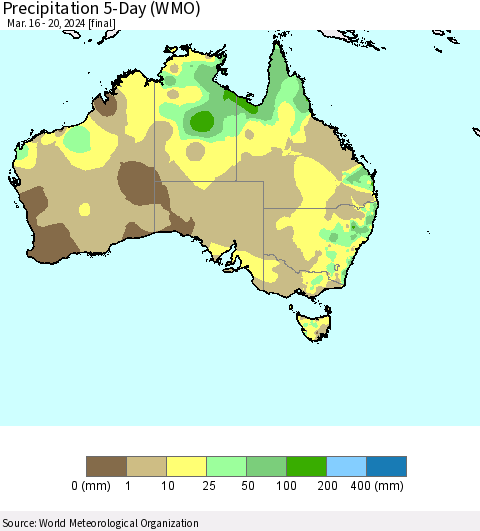 Australia Precipitation 5-Day (WMO) Thematic Map For 3/16/2024 - 3/20/2024