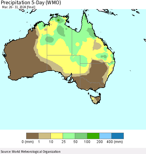 Australia Precipitation 5-Day (WMO) Thematic Map For 3/26/2024 - 3/31/2024