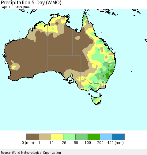 Australia Precipitation 5-Day (WMO) Thematic Map For 4/1/2024 - 4/5/2024
