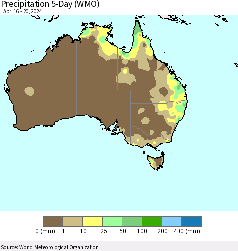 Australia Precipitation 5-Day (WMO) Thematic Map For 4/16/2024 - 4/20/2024