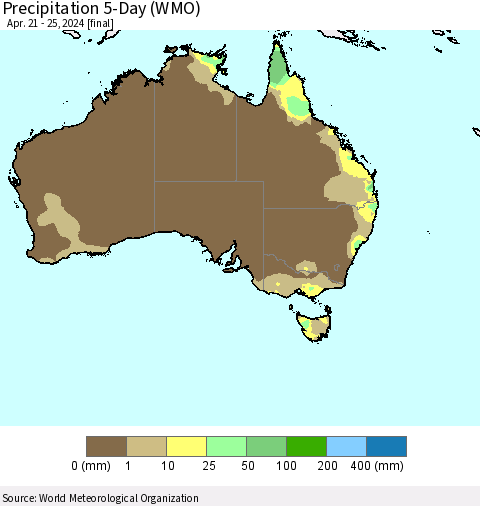 Australia Precipitation 5-Day (WMO) Thematic Map For 4/21/2024 - 4/25/2024