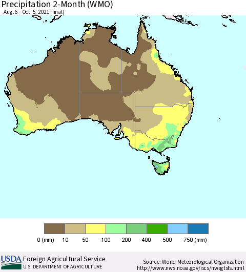Australia Precipitation 2-Month (WMO) Thematic Map For 8/6/2021 - 10/5/2021