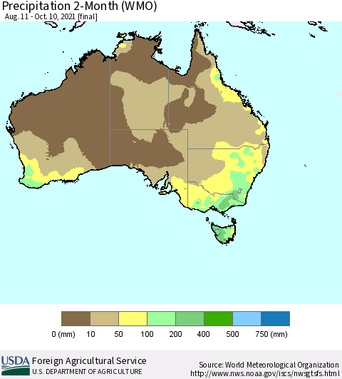 Australia Precipitation 2-Month (WMO) Thematic Map For 8/11/2021 - 10/10/2021