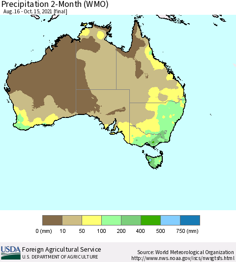 Australia Precipitation 2-Month (WMO) Thematic Map For 8/16/2021 - 10/15/2021