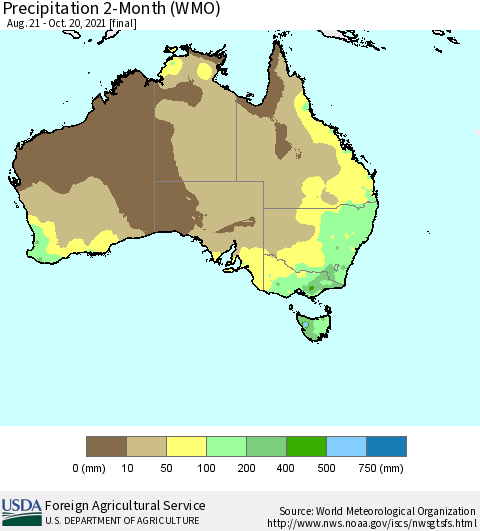 Australia Precipitation 2-Month (WMO) Thematic Map For 8/21/2021 - 10/20/2021
