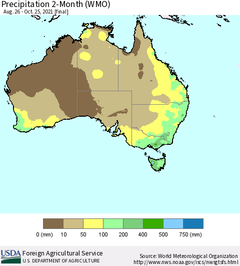 Australia Precipitation 2-Month (WMO) Thematic Map For 8/26/2021 - 10/25/2021