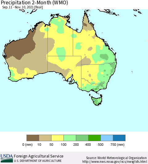 Australia Precipitation 2-Month (WMO) Thematic Map For 9/11/2021 - 11/10/2021