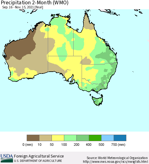 Australia Precipitation 2-Month (WMO) Thematic Map For 9/16/2021 - 11/15/2021