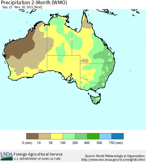 Australia Precipitation 2-Month (WMO) Thematic Map For 9/21/2021 - 11/20/2021