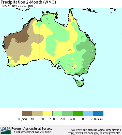 Australia Precipitation 2-Month (WMO) Thematic Map For 9/26/2021 - 11/25/2021