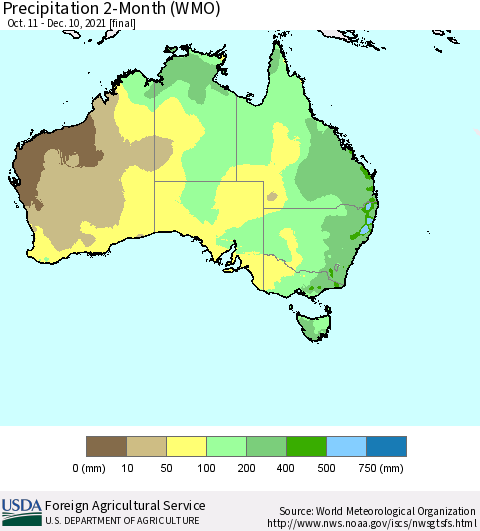 Australia Precipitation 2-Month (WMO) Thematic Map For 10/11/2021 - 12/10/2021