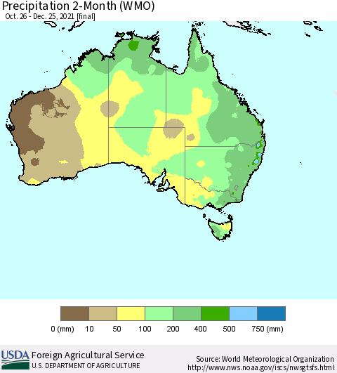 Australia Precipitation 2-Month (WMO) Thematic Map For 10/26/2021 - 12/25/2021
