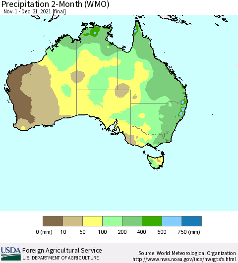 Australia Precipitation 2-Month (WMO) Thematic Map For 11/1/2021 - 12/31/2021