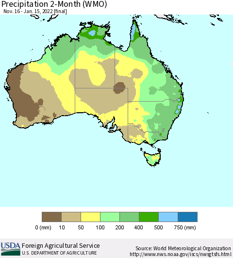 Australia Precipitation 2-Month (WMO) Thematic Map For 11/16/2021 - 1/15/2022