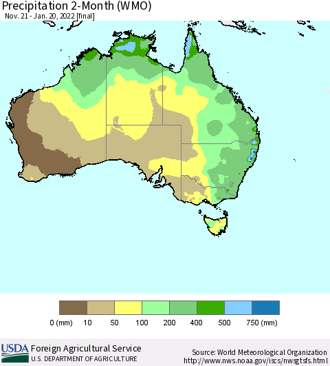Australia Precipitation 2-Month (WMO) Thematic Map For 11/21/2021 - 1/20/2022