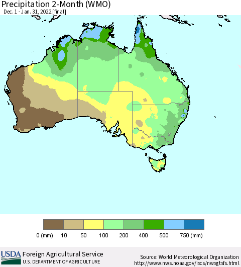 Australia Precipitation 2-Month (WMO) Thematic Map For 12/1/2021 - 1/31/2022