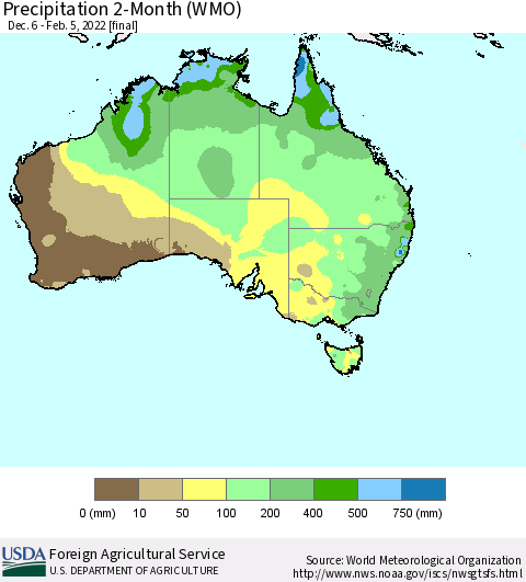 Australia Precipitation 2-Month (WMO) Thematic Map For 12/6/2021 - 2/5/2022