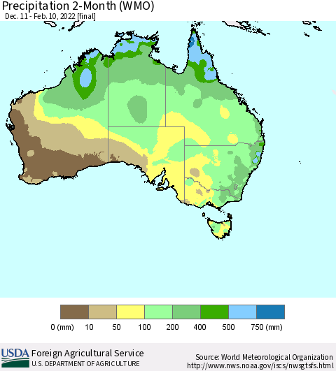 Australia Precipitation 2-Month (WMO) Thematic Map For 12/11/2021 - 2/10/2022