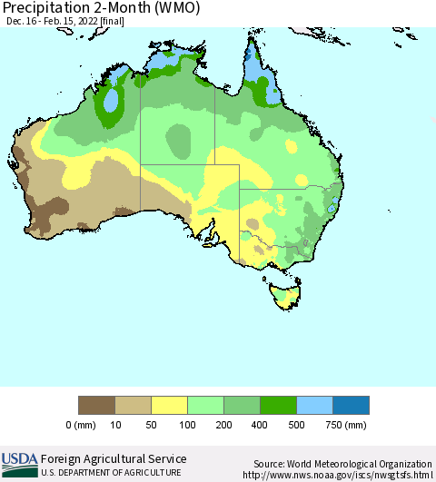 Australia Precipitation 2-Month (WMO) Thematic Map For 12/16/2021 - 2/15/2022