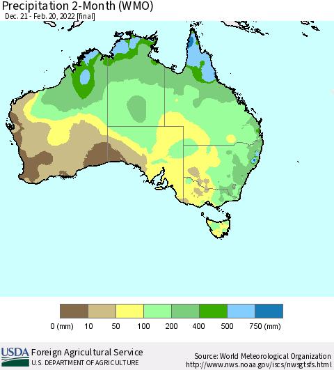 Australia Precipitation 2-Month (WMO) Thematic Map For 12/21/2021 - 2/20/2022