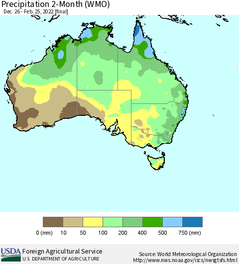 Australia Precipitation 2-Month (WMO) Thematic Map For 12/26/2021 - 2/25/2022
