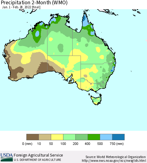 Australia Precipitation 2-Month (WMO) Thematic Map For 1/1/2022 - 2/28/2022