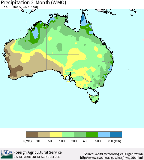 Australia Precipitation 2-Month (WMO) Thematic Map For 1/6/2022 - 3/5/2022