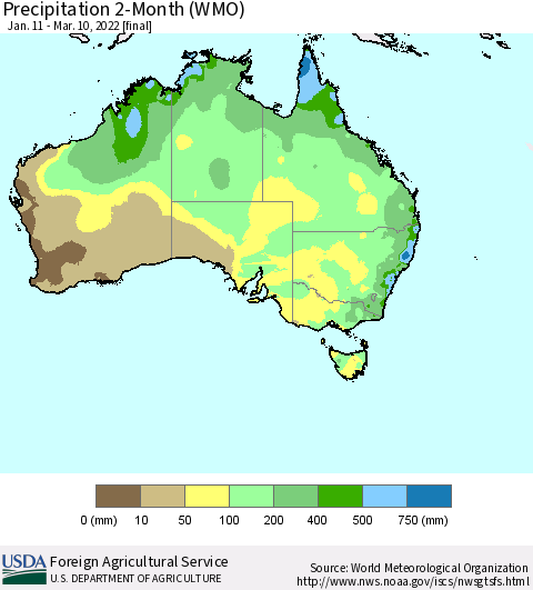 Australia Precipitation 2-Month (WMO) Thematic Map For 1/11/2022 - 3/10/2022